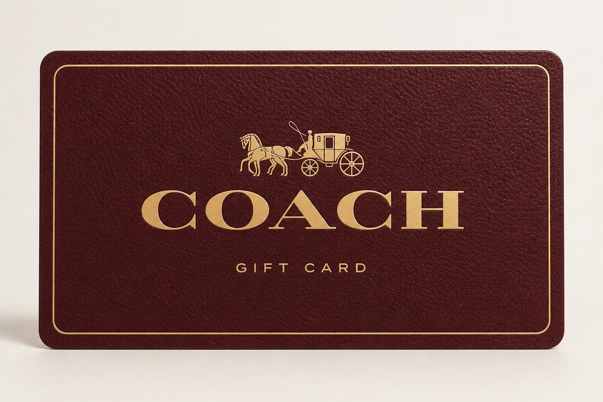 Illustrative burgundy Coach gift card with gold lettering